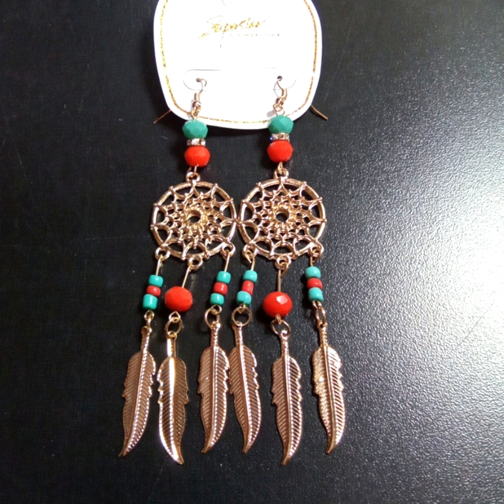 Turquoise Coral Feather Dreamcatcher Statement Earrings ✨